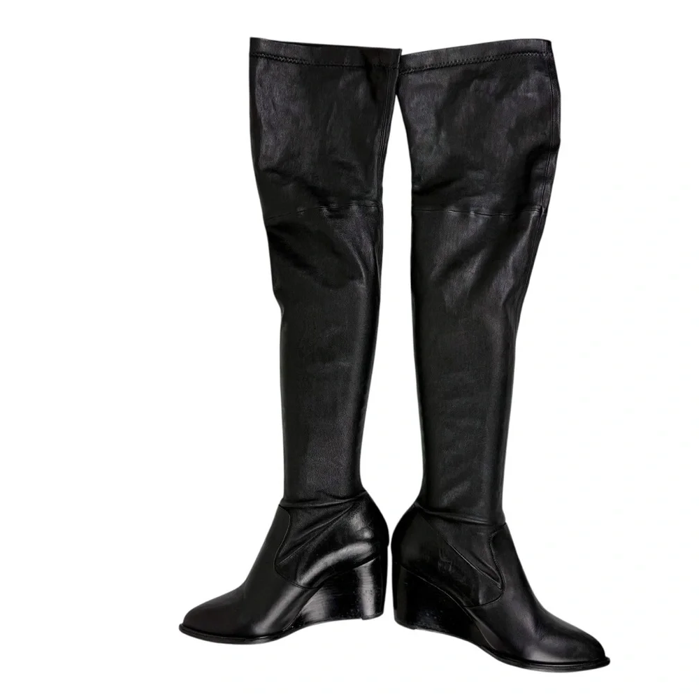 Robert Clergerie Black Leather Over the Knee‎ Thigh High Wedge Boots Point Toe 7